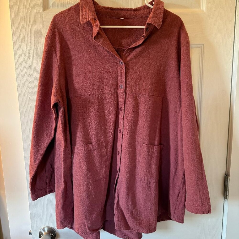 Minibee Women's Linen Button Down Long Tunic Tops, Dark Pink, XL